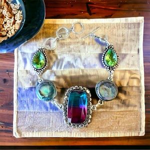 🆕 Bi-Color Tourmaline Peridot Abalone Handmade Bracelet 9.25 Silver Overlay 💕